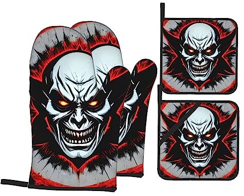 Set di guanti da forno e presine con fantasma malvagio rosso e nero, 4 pezzi, resistenti al calore, per cucina, cottura, grigliate, barbecue