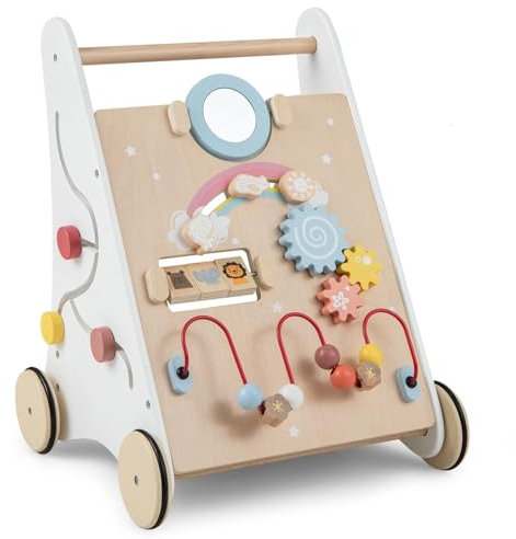 RELAX4LIFE Carrellino Primi Passi 7 in 1, Ausilio per Camminare con Specchio e Giocattolo, Girello in Legno per Ragazzi e Ragazze, 1+ Anni (Modello 1)