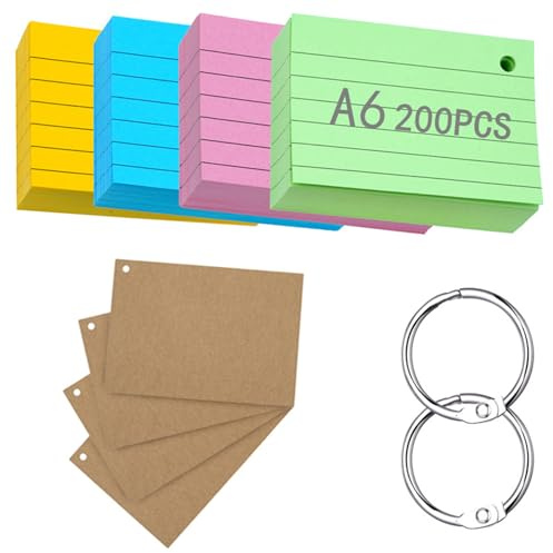 moinkerin Linierte Karteikarte 200 Stücke A6 Karteikarten Mehrfarben Lernkarten Flashcards mit 3 Binderingen 4 Kraftpapier Karteikarten für Büro Haus Schule Lernen