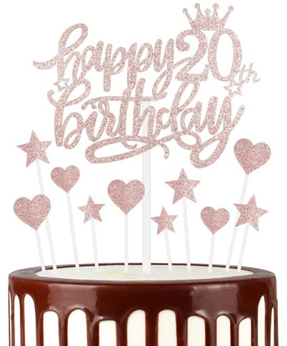 Happy 20th Birthday Cake Toppers, Rose Gold Cake Cupcake Toppers for Cake, Glitter Heart Stars Cake Toppers, Birthday Gift, Personalised Cake Topper for Women Girls 20th Birthday Cake Decorations
