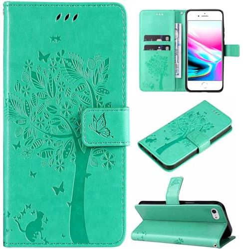 Hancda Custodia per iPhone SE 2022 / iPhone SE 2020 / iPhone 8 / iPhone 7 Cover Custodia Portafoglio in Pelle con Porta Carte Disegni Flip Case Magnetica a Libro Sottile Cuoio Antiurto Cover,Verde