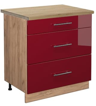 Vicco Küchenunterschrank Fame-Line, Bordeaux Hochglanz/Goldkraft Eiche, 80 cm mit 3 Schubladen, AP Eiche