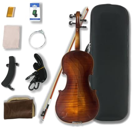 WUQIMUSC Violine 4/4 Komplettset für Anfänger, Erwachsene, Studenten, gealtertes Fichtenahorn, Massivholz, Ebenholzbeschläge mit Hartschalenkoffer, Schulterstütze, Bogen, Stimmgerät, extra Saiten