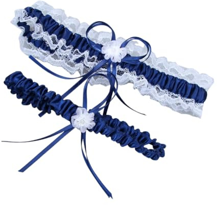 Voarge 1 par de ligas de novia azul, elegante liga de novia de encaje blanco elástico para bodas, accesorio de novia azul