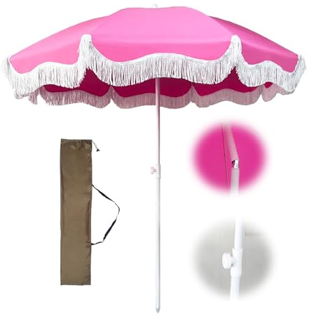 Rosa Gartenschirme Mit Fransen Strandschirm Sonnenschirm 180cm Tragbar Sonnenschirm Strand Mit Neigung Balkonschirm Uv-schutz Terrassenschirm 8 Rippen Tischschirm Wasserdicht Für Garten Rasen