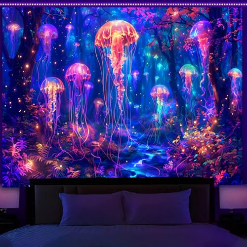Simpkeely Schwarzlichter Quallen-Wald Wandteppich – UV-reaktive Fantasy Neon Kunst Deko, Leuchtet im Dunkeln Unterwasser Meerestiere Wandbehang für Schlafzimmer & Wohnzimmer – 150 x 200 cm
