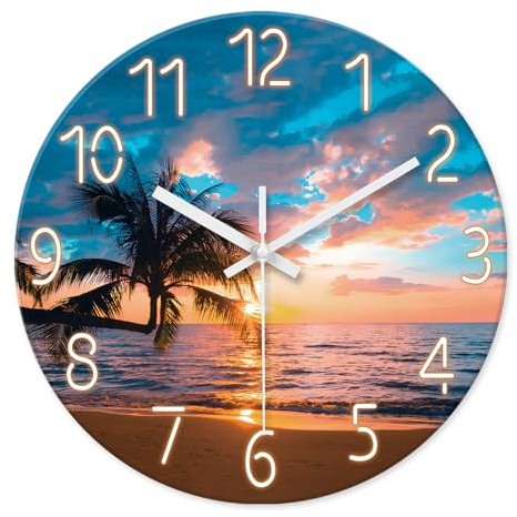 XFM Blue Nautical Beach Wall Clocks Battery Operated Palm Tree Wall Clocks for Living Room 12 Inch Round Glass Silent Wall Clock Non Ticking Sunset Clock
