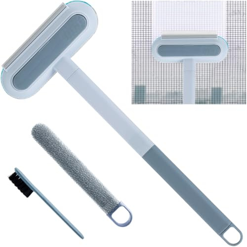 Reinigungsbürste für Fenstergitter 2-in-1 Blau,Regelmäßig: 44cm | 2 Zusätzliche Kleine Bürsten für Ecken, Silikonlippe 14,3 cm Breit, Aufhängeloch, für Fliegengitter, Spiegel, Autoscheiben