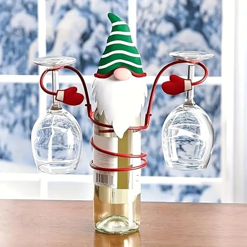 ZiaWorld Christmas Wine Bottle Holder, Wine Rack Cute Wine Glass Holder Metal Wine Holder Hold 1 Bottle & 2 Glasses Gifts for Wine Lovers Xmas Party Home Table Top Décor (Elf)