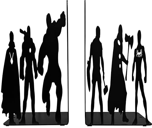Superhelden-Buchstützen aus Metall, 20,3 cm hoch, 27,9 cm breit, 10,2 cm tief, schwarz pulverbeschichtet, 1,4 kg, dekorative Buchstützen für Regale