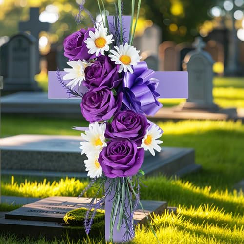 Memobloom Cross for Cemetery Grave with Flowers: Outdoor Grave Decorations - 1Pc Purple Roses Artificial Flowers Memorial Wooden Cross