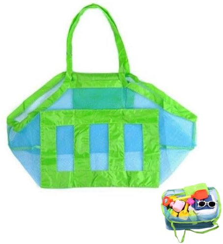 OHREN Sac de plage XXL pour jouets de plage enfants, sac compact, sac en filet pour séjour, piscine, famille, rangement des jouets et accessoires (Filet bleu/Sangle verte)