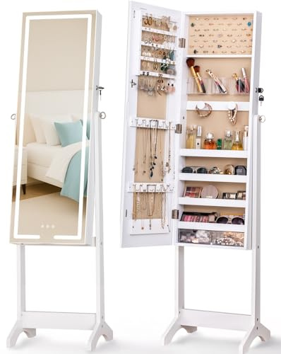 LUXFURNI Standing Jewelry Armoire Cabinet with Full‑Length Mirror Storage