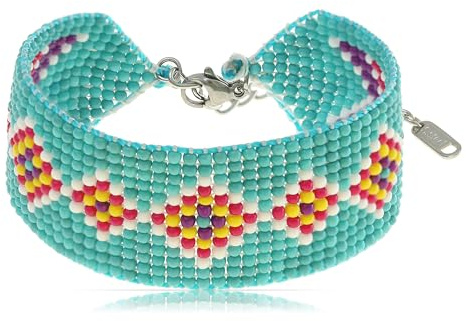 Made by Nami Buntes Perlenarmband Damen 17 + 4 cm Handgemachte Festival Armbänder Boho Armband Boho Schmuck Wasserfest Freunschaftsarmbänder (Rauten Optik Klein Blau)