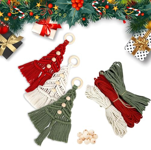 Makramee Set Weihnachten – DIY Bastelset Mit Baumwollgarn In 3 Farben & 3 Holzringe & 10 Holzperlen, makramee Weihnachten Set, Weihnachtsdeko zum Selbermachen, kreative Wanddeko & Geschenkidee