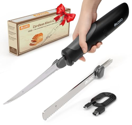 VLOXO Cordless Electric Knife, Rechargeable Electric Carving Knife with 2 Ti-Nitride S.S. Coated Non-Stick Blades Non-Slip Handle Safety Lock for Meat Slicing Fish Fillet Bread Turkey