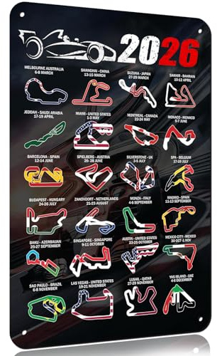 Grand Prix Circuit F1 Regali Segni in Metallo Vintage Wall Art F1 Poster Regalo Nero 2026 Per I Fan di Formula Uno Regali Per Man Cave, Casa, Uomini Garages, Uffici E Sale Giochi Bandiera Targhe