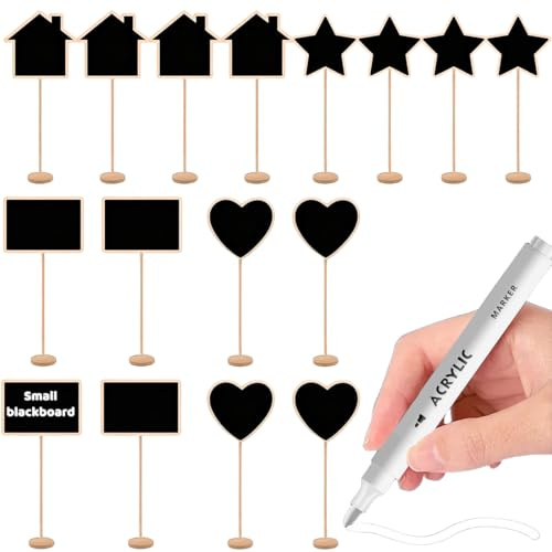 16 Stück Kreidetafel Klein mit Ständer, Buffet Zubehör, Mini Tafeln zum Beschriften, Buffet Schilder, Preisschilder Aufsteller, Tafel zum Beschriften, Platzkarten Hochzeit, mit Kreidemarker