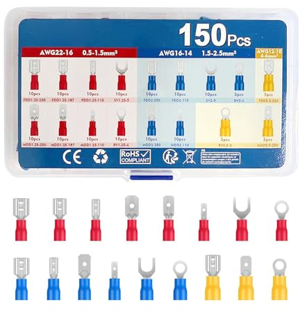 150 Pcs Insulated Crimp Terminals, 0.5-6.0mm² Electrical Crimp Connectors, Crimping Ring Spade Electric Wire Cable Connector, Male and Female Spade Connectors Set for Car Mechanics Repairs