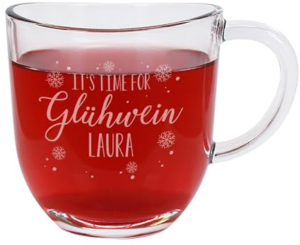 Herz & Heim® Personalisierte Glühweintasse aus Glas – Graviertes Winter-Design mit Wunschname – Leonardo Tasse für Glühwein oder Punsch – Glastasse als Geschenk zu Weihnachten