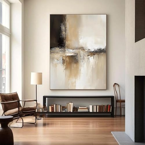 UUDEZO Großes braun-beiges Wandkunst-Original schwarzes abstraktes Gemälde beige Leinwandbild braun Schlafzimmer Dekor Poster (90 x 140 cm (35 x 55 Zoll) / mit Rahmen)