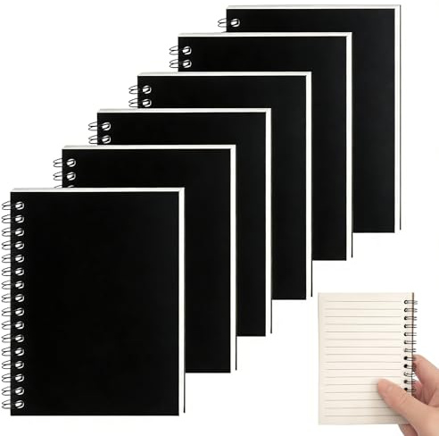 CTYUEYUN Anteckningsbok linjerad A6 spiral, anteckningsblock, 6 stycken, 100 sidor/50 ark tjockt papper, skissbok, dagbok, lämplig för studenter, arbetare och alla, varken till skolan (svart).