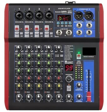 DJ-Controller, 99DSP mixer DJ-Konsole – 2 Mikrofon-/Line-Eingänge, MP3-/USB-E/A, EQ- und Delay-Effekte 20 Hz–30 kHz(6 Channels)