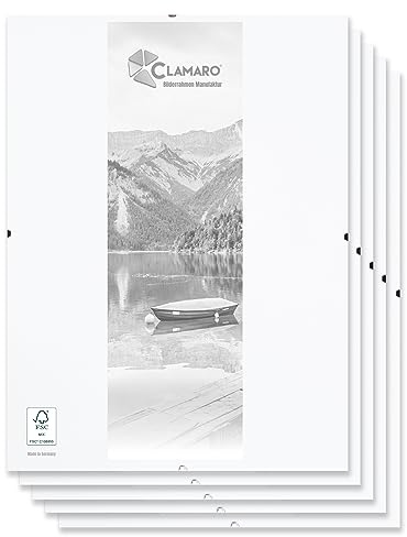 CLAMARO rahmenloser Bilderrahmen Cliprahmen, 20x30 cm, 5er Set, für Fotos | MDF-Holzrückwand weiß laminiert, Acrylglasscheibe hochtransparent, Metall-Halteklammern, Poster, Puzzles