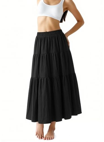Honeywish Maxi Skirt for Women, 88cm Long Elastic Waist A-Line Skirt, Vintage Summer Tiered Skirt, Elegant Full-Length Skirt UK (UK, Alpha, M, Regular, Regular, Black)