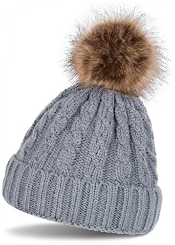 styleBREAKER Unisex Bommelmütze Zopfmuster Kunstfell Bommel | Strickmütze. elastisches Material. Bundweite 22cm. winterfest. Einheitsgröße. weiche Haptik. Fake-Fur Element.