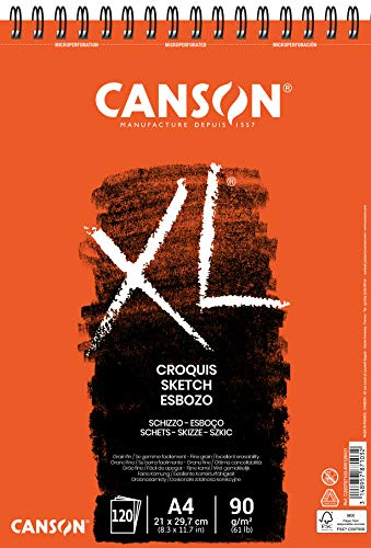 CANSON XL Skizzenpapier, feine Körnung, 90 g/m², an der kurzen Seite spiralgebundener Block, DIN A4 21 x 29,7 cm, Elfenbein, 120 Blatt