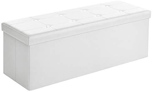 SONGMICS Banc Coffre de Rangement, avec Couvercle, Tabouret Pouf, Siège Pliable, pour Chambre, Entrée, Salon, Capacité 120L, Charge jusqu’à 300 kg, Blanc LSF702