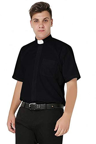 IvyRobes Hommes Chemise Prêtre Col Romain Pretre Clergyman Chemises Manches Courtes Clergé Nior Blanc