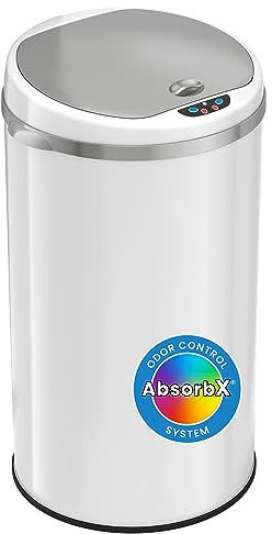 iTouchless 8 Gallon Trash Can with Odor Filter, White Stainless Steel Trashcan Round Garbage Bin for Home Office Work Bedroom Living Room Garage Large Capacity Slim Wastebasket