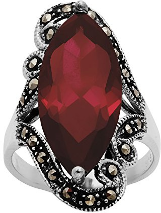 Silverly Anillo Grande de Plata 925 con Circonita Cúbica Roja y Marquesa con Filigrana de Marcasita | Anillo con Cúpula Estilo Vintage Art Nouveau de los Años 20 | Joyas Góticas Victorianas para Mujer