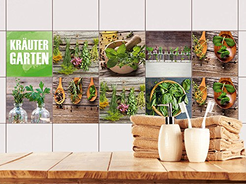 GRAZDesign Fliesenaufkleber Küche Kräuter Garten, Klebefolie Klebefliesen, alte Küchenfliesen überkleben, Fliesenbild selbstklebend Fliesen - Set 40 Stück