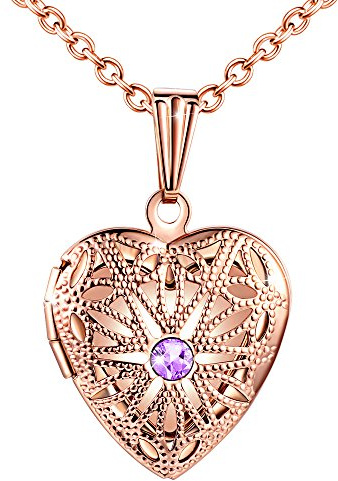 MicLee Damen Kette Edelstahl Foto Medaillon Photo Bilder Amulett Lila Zirkonia Silber/Rosegold/Gold Herzanhänger Halskette mit Geschenkbox Grußkarte