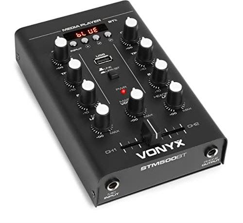 Vonyx STM500BT Table de Mixage Bluetooth 2 Canaux, Lecteur MP3 avec Affichage, Crossfader, Entrée USB, Entrée Micro, Sortie Casque, Egaliseur 2 bandes sur Chaque Canal, Parfait pour les DJs Mobiles
