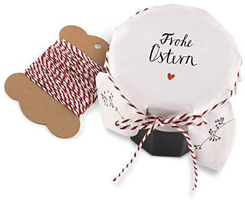 25 Marmeladendeckchen - Frohe Ostern - Gläserdeckchen weiß für Marmelade, Marmeladengläser & Einmachgläser, Recyclingpapier Abreißblock + 10 m Garn + Justiergummi