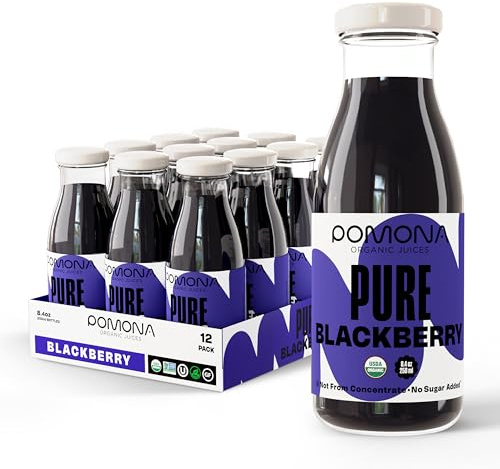 Pomona Organic Blackberry Juice (Pack Of 12), Cold Pressed USDA Organic Juices, 100% Blackberries, No Added Sugar, Not From Concentrate, Vegan, Kosher, Non GMO, Pasteurized, 8.4 Oz Glass Bottles