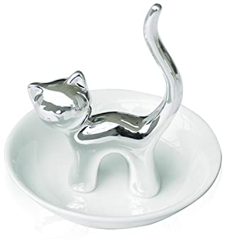 LEPENDOR Cute Animals Cat Ring Holder Ring Dish Jewelry Holder Rings Bracelets Earrings Trinket Tray for Women Girls Birthday Gift - Silver Cat
