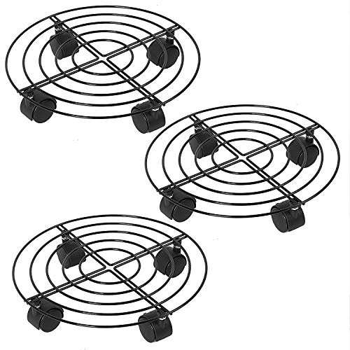 KINJOEK 3 Packs 10.6 Inches Metal Plant Caddy with Lockable Wheels, Round Flower Pots Planter Dolly Base Stand Set with 360° Rolling Casters for Indoor, Outdoor, Home, Garden, Black, Load Max 110Lbs