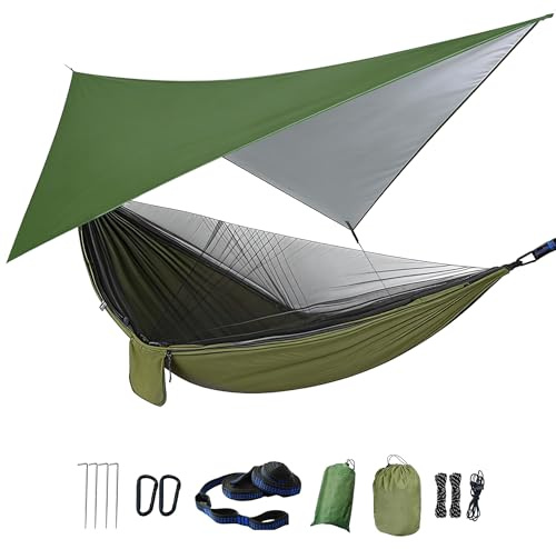 2 personers hängmatta med myggnät och regnflugor utomhus campinghängmatta hängmattor tält för camping backpacking vandring (armégrön)