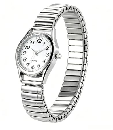 JewelryWe Women's Ultra Thin Easy Reader Watch with Elastic Strap, Golden/Silver Watch