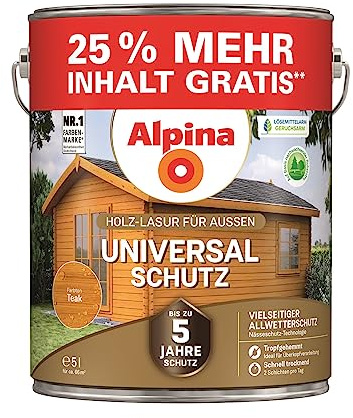 Alpina Lasure de protection universelle - Teck satiné - Protection longue durée contre les intempéries et l'humidité - Anti-gouttes et anti-éclaboussures - 5 litres