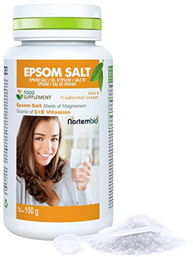 Nortembio Sal de Epsom Alimentaria 150 g. Sulfato de Magnesio para Tomar. Fuente de Vitaminas C y E. Sal de Higuera para Limpieza de Hígado. Cacito Dosificador Incluido.