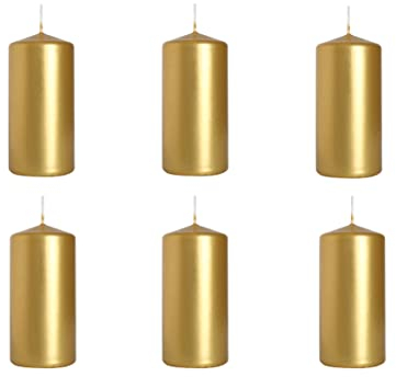 Nipter Stumpenkerzen Gold Metallic Säulenkerzen Blockkerzen, Durchmesser 5 cm, Höhe 10 cm, geruchsneutral, lange Brenndauer 20h, Set 6 Stück (1 Box)