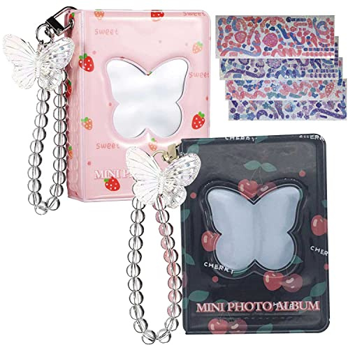 2 Pcs 3 Inch Kpop Photocard Binder 40 Pockets Kpop Photocard Holder Book Sleeves, Mini Photocard Album Collect Book with Korean Stickers and Pendant for Business Cards Postcards Picture Storage