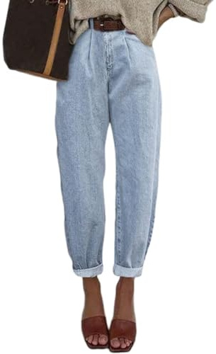 EVALESS High Waist Baggy Jeans for Women Trendy 2025 Stretch Boyfriend Barrel Denim Pants Sky Blue 10