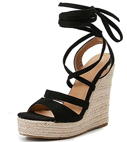 Makmeoyw Mujer's Espadrilles Plataforma Heel Sandalias Cross-tied Wedge Heel Sandalias Black Strappy Heels para mujer Cordones Heels Dress Zapatos Size 40